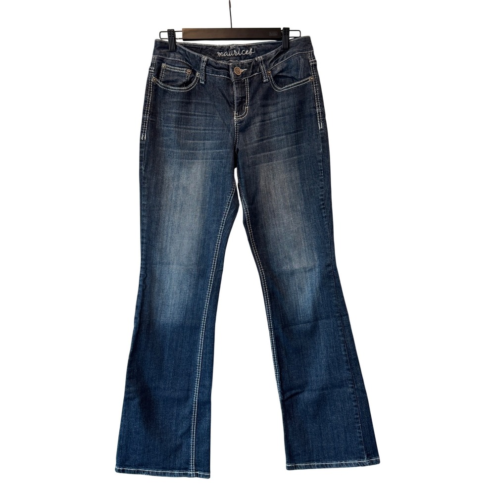 Maurices Jeans Womens 5/6 Long Bootcut Blue Dark Wash Contrast Stitch Denim